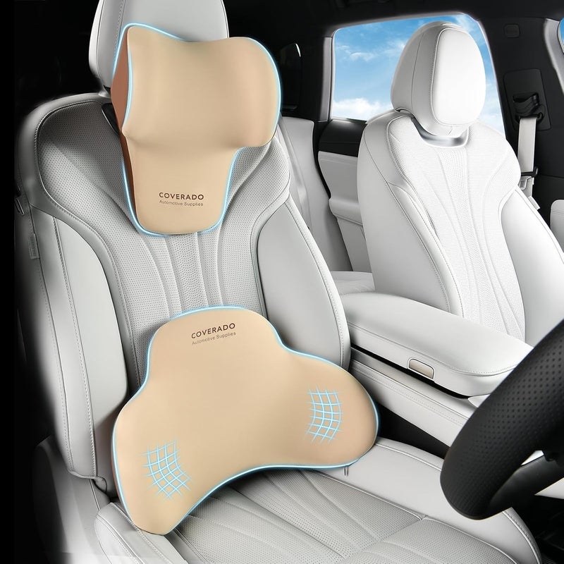 Coverado Lumbar Support and Headrest Pillow for Car, Memory Foam Ergonomic Head Neck Support Pillow for Driving Seat, Back Support and Pain Relief, Seat Cushion for Car, Driver, Office - Image 1